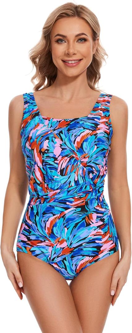BIMEI Women's One-Piece Underwire Mastectomy Swimsuit Pocketed Swimwear Tummy Control High Neck Skirt 2408 (14, Blue)