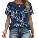 WIHOLL Womens Tops Trendy Short Sleeve T Shirts Spring Summer Tops Business Casual Outfits Work Blouses Office Navy Blue Floral M (Blue, M)