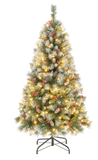 5 FT Artificial Christmas Tree Hinged w/ 200 Warm LED Lights & 126 Red Berries