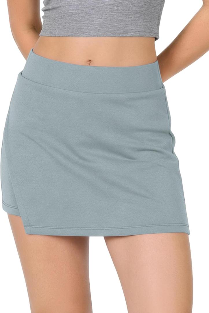 ODODOS Modal Soft Wrap Mini Skorts with Pocket for Women High Waist Asymmetrical Hem Relaxed Shorts, Grey Blue, Large 