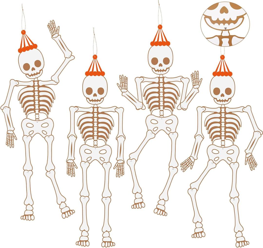4 Pcs Large Halloween Jointed Skeleton Decoration Vintage Flat Paper Skeleton Decoration with Movable Joint Halloween Giant Cutout for Holiday Door Window Party, 55.12 Inch Tall