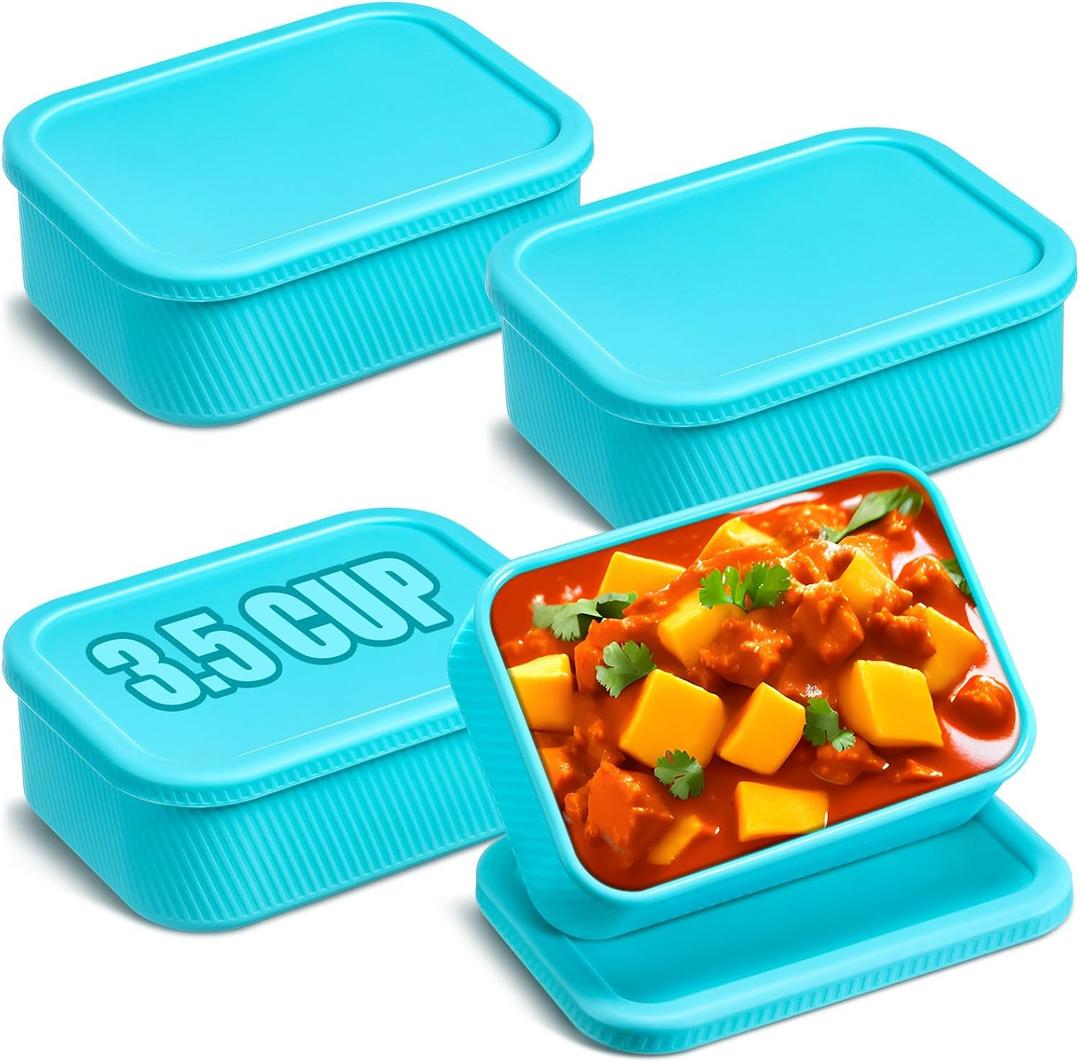 Nuogo 4 Pcs 3.5 Cup Silicone Freezer Trays with Lid Soup Freezer Containers Reusable Silicone Molds Rectangle Containers Freezing Ice Trays for Soups Sauces Stews Curries, Lake Blue