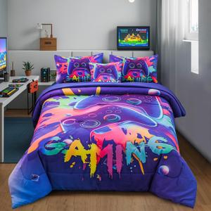 Aimuan Gaming Comforter Sets for Boys Kids Bedding Sets Video Games Console Action Buttons Novelty Colorful Game Gamepad Controller Modern Gamer Room Decor Home Quilt Set (Twin 6 Pcs,Purple)