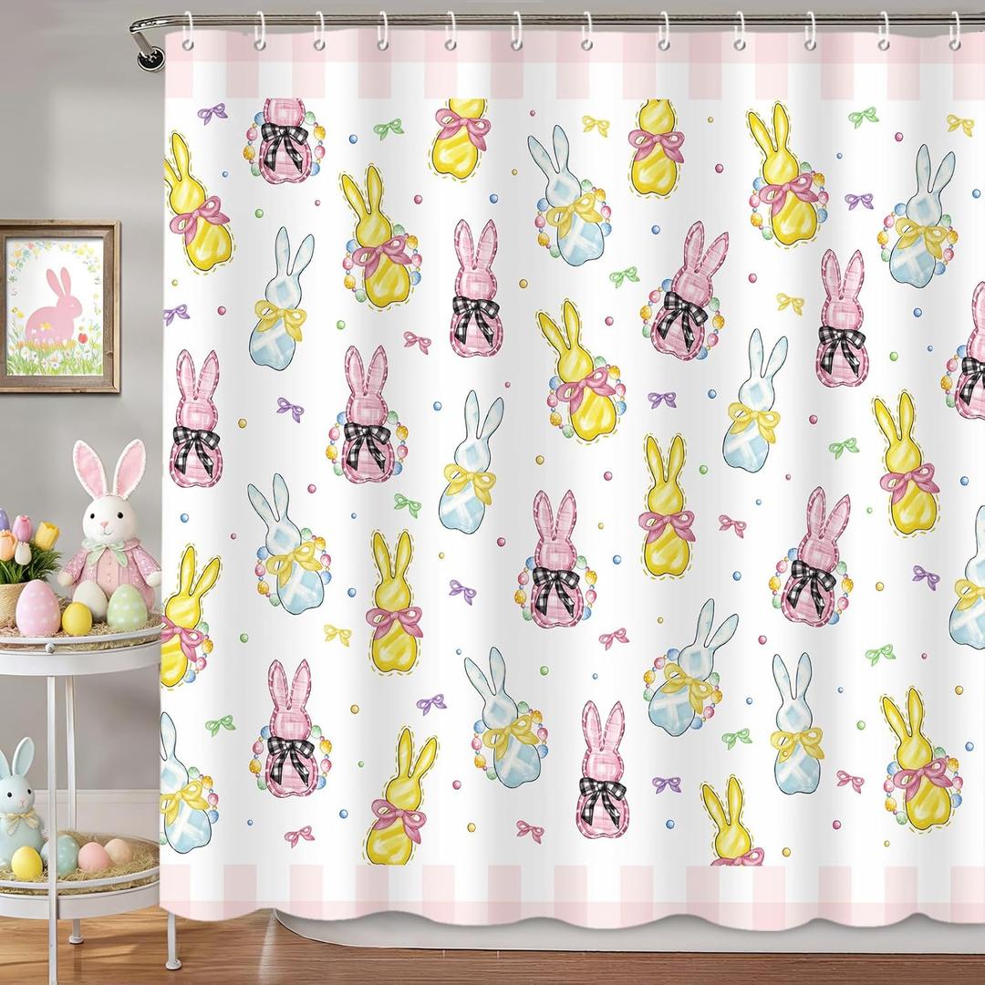 MEHOFOND Easter Shower Curtain,Pink Buffalo Plaid Bunny Rabbit Shower Curtains for Bathroom,Colorful Bows Bunny Rabbits Eggs Shower Curtain Bathroom Decor Sets with 12 Hooks, 72x72 in