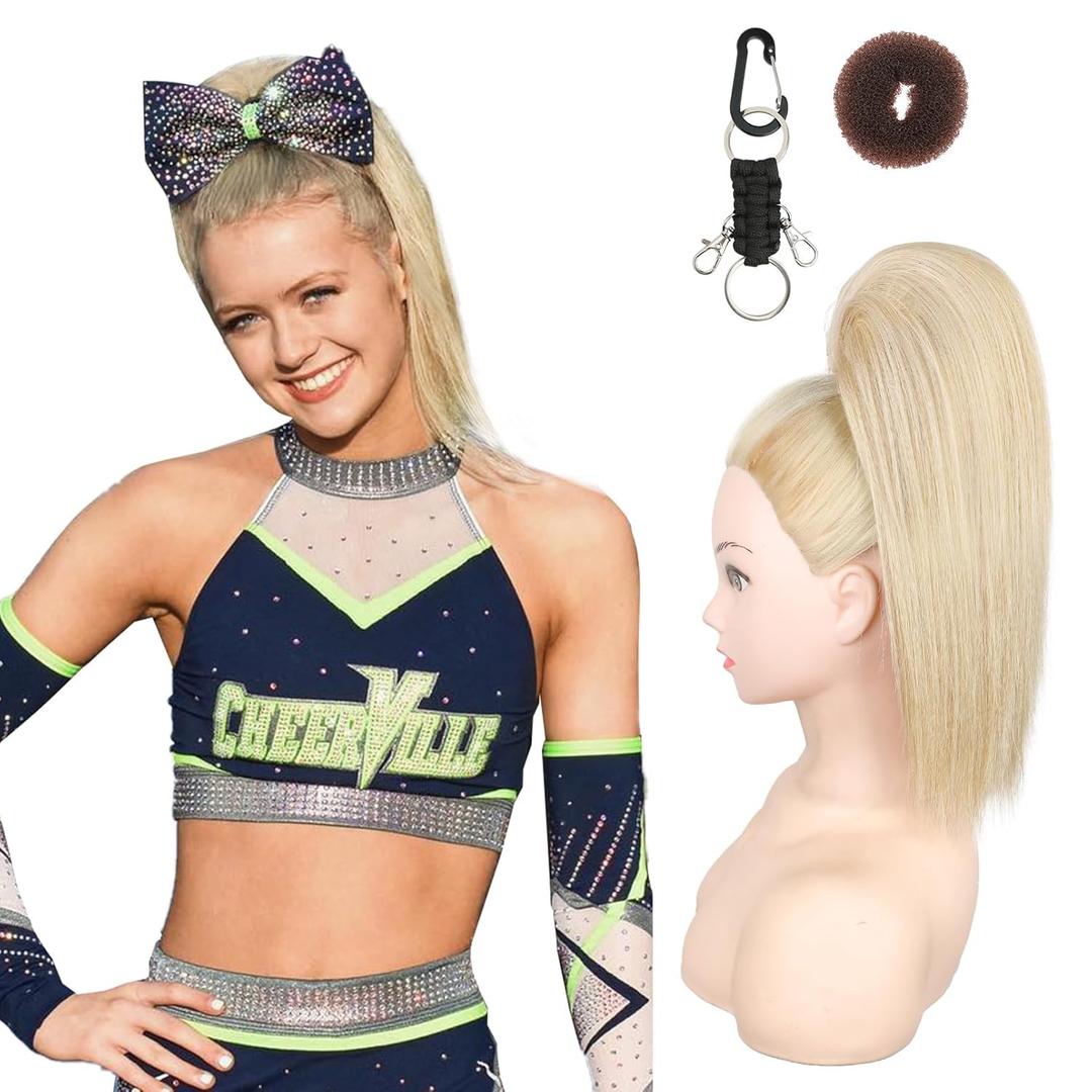 SEIKEA Cheer Ponytail Hair Piece, 14" Straight Cheerleader Hairpiece Ponytail Extension for Cheer Competitions, Dance, Costume, Dress up, Soft Natural Look for Girls Teens Champagne Blonde