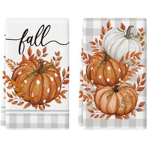 Artoid Mode Orange Buffalo Plaid Leaves Pumpkin Fall Kitchen Towels Dish Towels, 18x26 Inch Farmhouse Decoration Hand Towels Set of 2