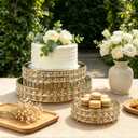 Set of 3 Gold Crystal Mirror Cake Stands, 14"/12"/10" Round Decorative Trays with Replacement Crystals & Mirror Glass, for Wedding Dessert Table, Vanity Perfume Organizer, Home & Party Display