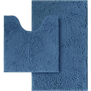 Flotstiga Bathroom Rugs Sets 2 Piece,Super Absorbent Soft,Thick,Machine Washable Chenille Bath Mat,Non Slip Toilet Floor Rug,Bath Mats for Bathroom,20x32 Plus 20x20 U Shape,Denim Blue