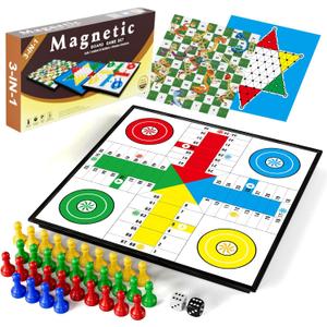 3 in 1 Magnetic Board Games Set for Kids Adults - Classic Travel Game Set with Chinese Checkers, Ludo, Snakes and Ladders, Educational Family Strategy Game with Folding 12.4 Inches Board & Piece