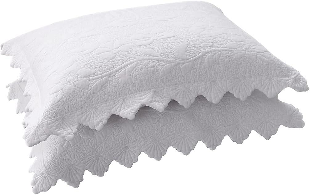 vctops 2-Piece Embroidered Cotton Quilted Pillow Shams Vintage Floral Decorative Pillow Covers Boho Pillow Cases Queen Size, White B