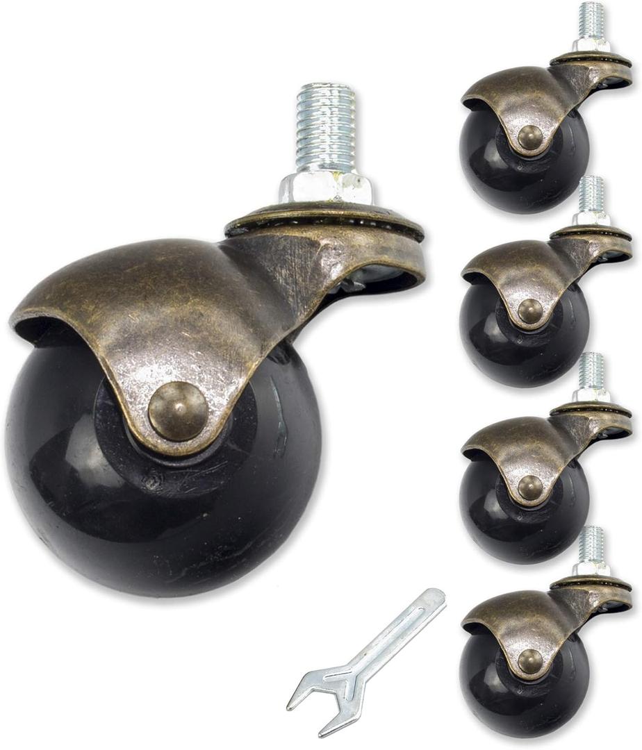 Set of 5 Vintage Bronze 2'' Ball Roller M10x15mm Screw Threaded Office Chair Wheel Casters Replacement Antique Retro Style Golden Copper Color