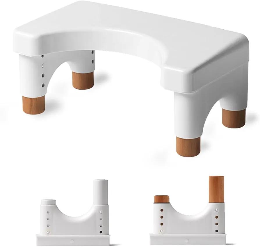Poop Stool Toilet Stool Adults for Bathroom, 5.9" to 8.5" Adjustable Height Toilet Stool Squat Adult (White, Beechwood Feet)