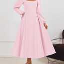 ZESICA Women's Long Sleeve Midi Dresses 2026 Fall Square Neck Swing A Line Wedding Guest Evening Prom Dress (Pink, S)
