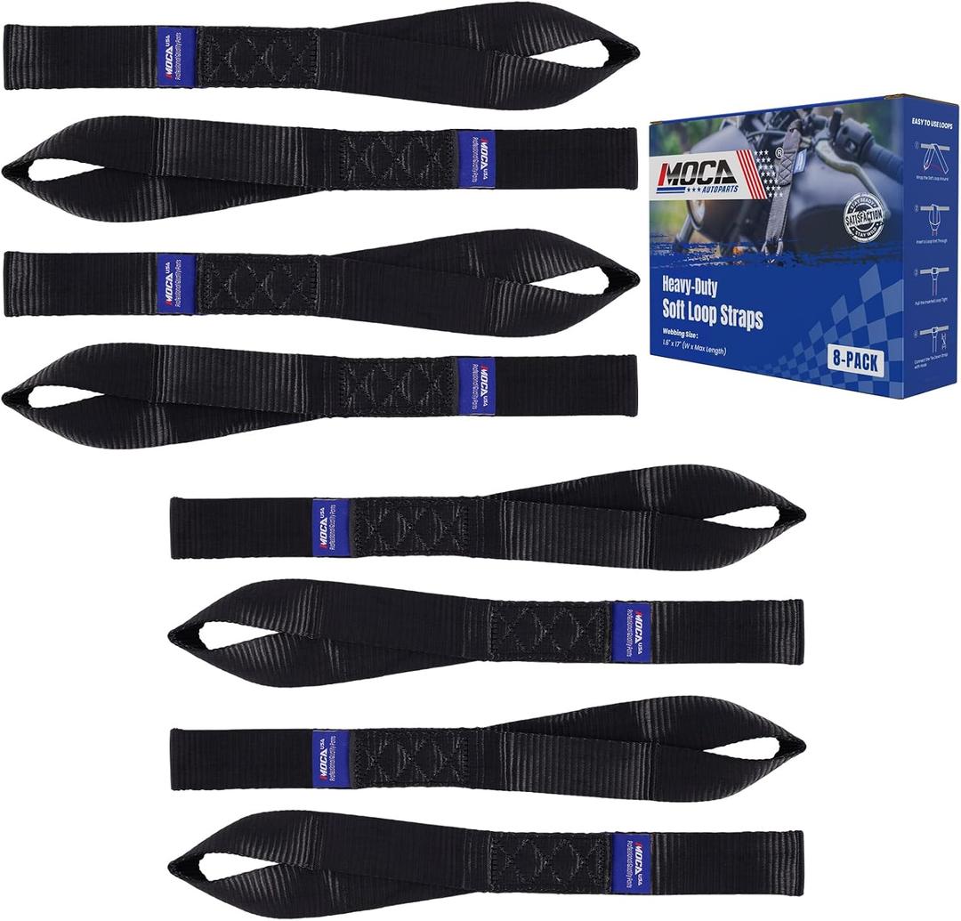 MOCA 8-Pack Soft Loop Tie Down Straps 12000 Lbs Breaking Strength 1.6 x 17 inches, Heavy Duty Tie Down Loops for Secure Trailering of Kayak, Motorcycles, ATV, UTV (8 Pieces, Black)