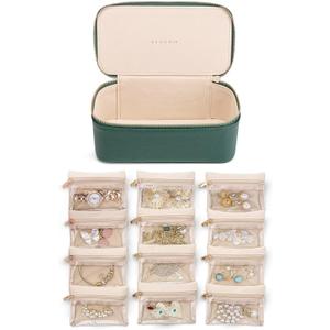 VLANDO Jewelry Travel Case,Travel Jewelry Organizer with Clear Velvet Jewelry Bags 12Pcs Zipper Pouch for Women Girl Gift-Green