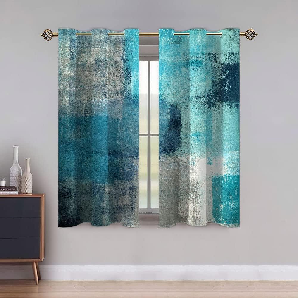 TOMWISH Turquoise Panels Short Drapes Grommet Blackout Curtains Turquoise Grey Abstract Art Painting for Living Room Bedroom Window Treatment Set 29 X 36 Inch 2 Panel