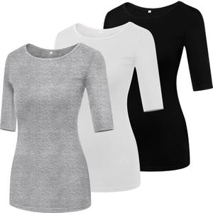Huukeay 3 Pack Women's Half Sleeve Tops 1/2 Sleeve T-Shirt Womens Basic Round Neck Slim Fit Tight Casual Elbow Summer Tees (Black, White, Gray, Small)