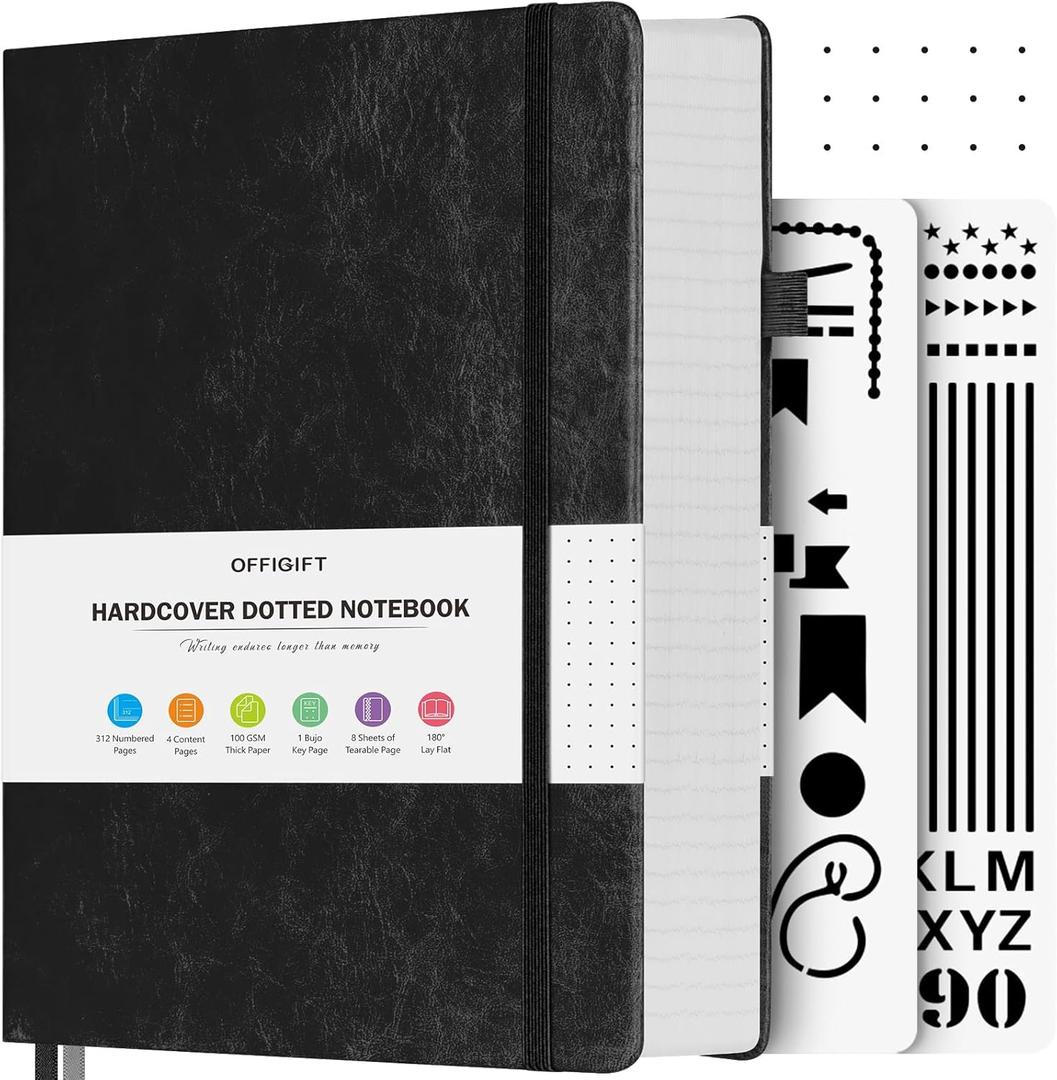 Bullet Dotted Journal Notebook, 312 Numbered Pages A5 Hardcover Leather Journal, 100gsm No Bleed Paper Dot Grid Notebook with Index Pages, Dot Journal for Women Men, 5.75" x 8.38", Green