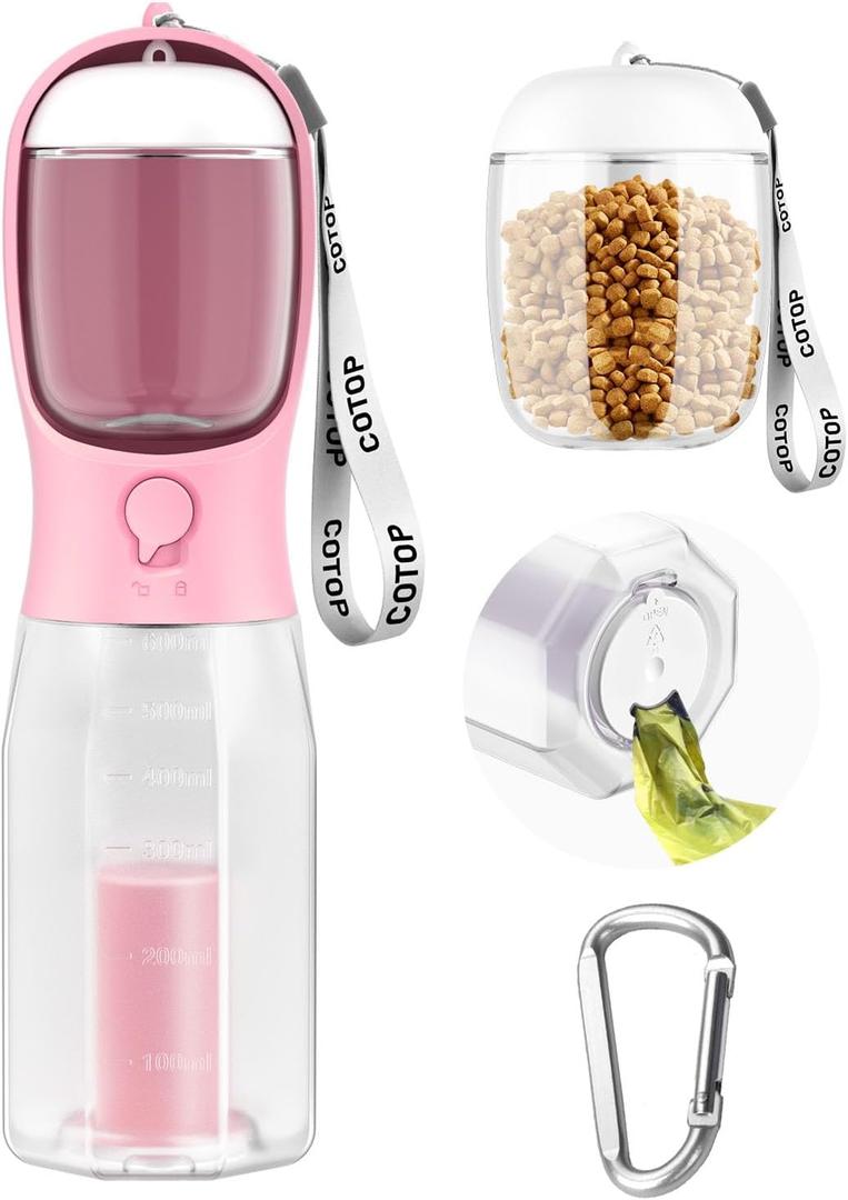 20oz Dog Water Bottle with Food Container & Poop Bag Dispenser | Leak-Proof Portable Pet Water Dispenser with Carabiner Clip | for Walking, Hiking, Travel (Pink)