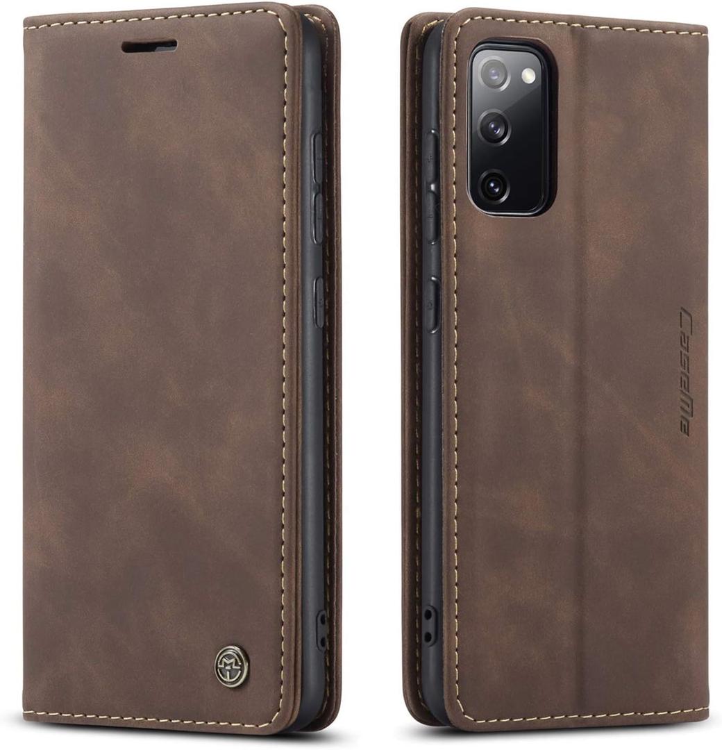 QLTYPRI Case for Samsung Galaxy S20 FE 5G, Vintage PU Leather Wallet Case Card Slot Kickstand Magnetic Closure Shockproof Flip Folio Cover for Samsung Galaxy S20 FE 5G - Coffee Brown