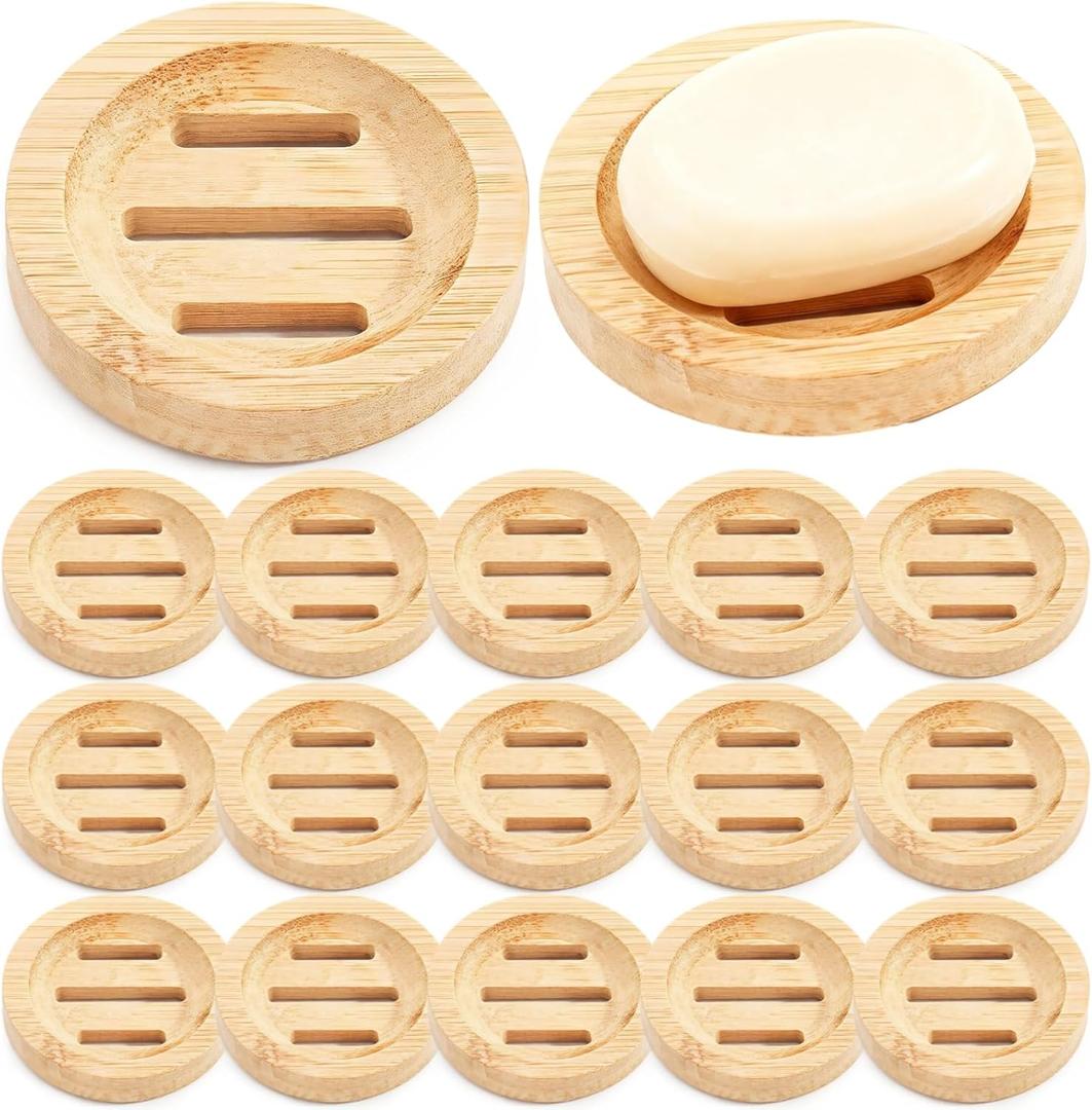 24PCS Bamboo Soap Dishes,3.2 in Round Wooden Soap Holder with Drainage Slots, Waterproof Lacquered Soap Bar Tray for Bathroom Shower, Shampoo Bar Holder, Scrub Sponge Tray