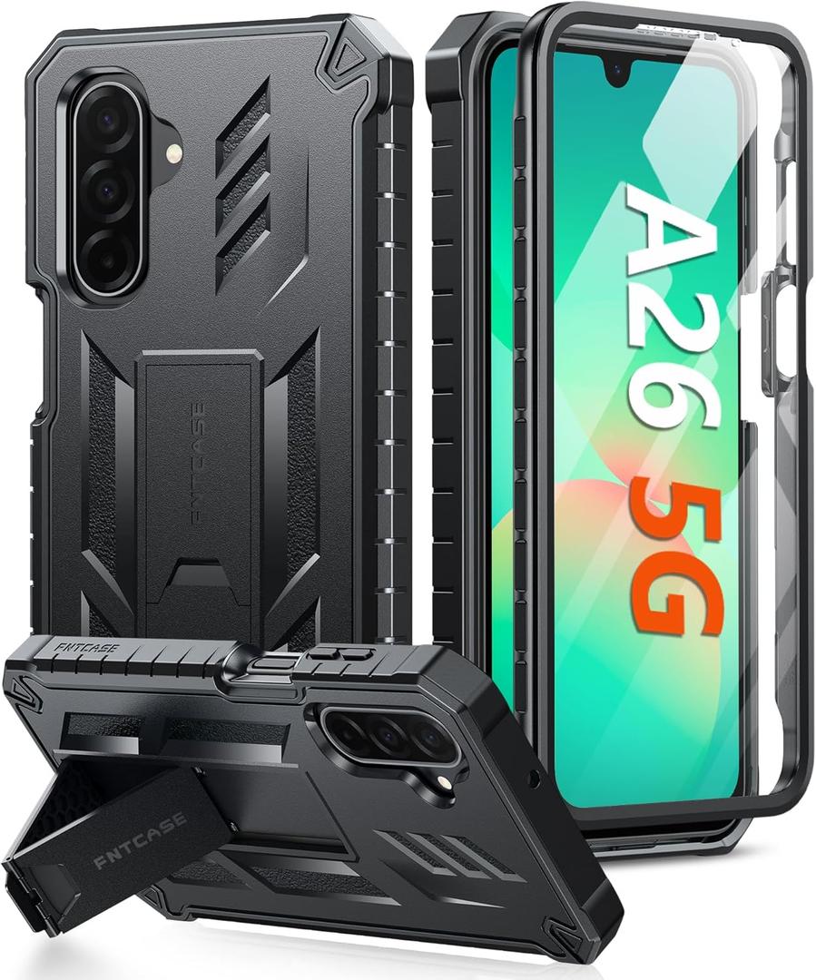FNTCASE for Samsung Galaxy A26-5G Case: Military Grade Drop Proof Protection Mobile Cover with Kickstand | Matte Textured Rugged Shockproof TPU | Protective Sturdy Phone Case - Black