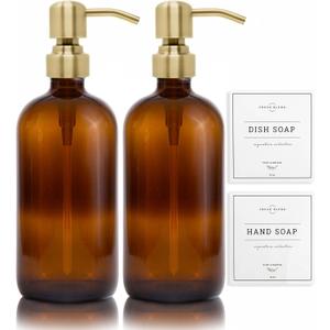 Vine Creations Amber Glass Soap Dispenser, 2 Pack Kitchen Soap Dispenser Set with Stainless Steel Pump, 16 oz Hand Soap and Dish Soap Dispensers for Kitchen or Bathroom with Waterproof Labels