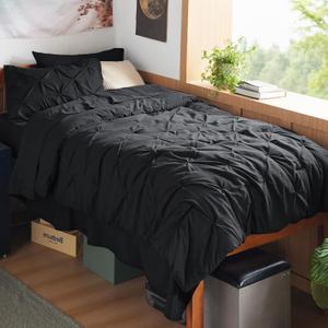 Bedsure Twin XL Comforter Set - Extra Long 5 Pieces Dorm Bedding Sets, GentleSoft Pinch Pleat Black Bed in a Bag with Pintuck Comforters, Sheets, Pillowcase & Sham