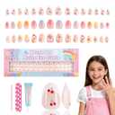 90 Pieces Press on Nails for Kids, Kawyehu 3 Pack Nails for Kids Colorful Press on Nails for Girls 8-12 Years with Glue, Almond Fake Nail Kit for 9 10 11 12 Year Old, Cherry