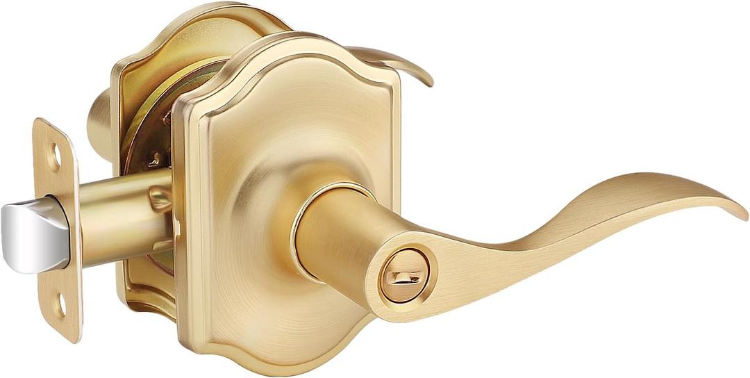 EHOMEWARE 1 Pack Gold Door Knob, Interior Door Handle, Bedroom Door Knobs with Lock, Keyless Privacy Door Knob, Bathroom Door Knob, Wave Style Lever Door Handle, Reversible for Left/Right Sided Doors (Satin Brass)