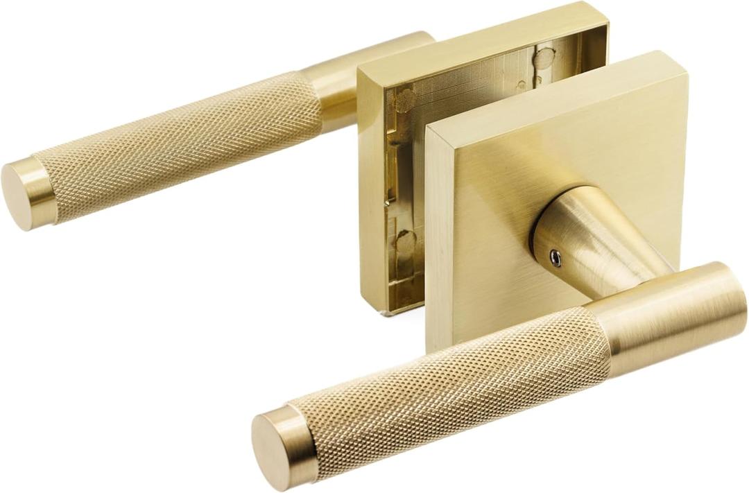 Premium Gold Door Handles for 1 3/8" - 2" Compatible Doors - Lacquered Brass/Gold Door Handles Interior with Lock - Easy Installation, Reversible, Keyless Button Lock - Designed by Architects