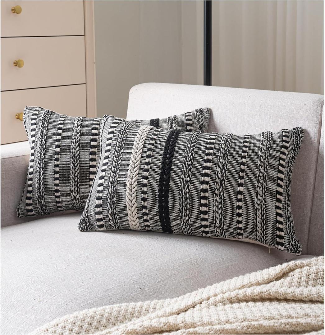 Cethom Boho Throw Pillow Covers 12x20 Inch Set of 2, Farmhouse Decorative Couch Pillow Cases, Black Accent Pillows of Bed, Sofa Bedroom Living Room Home Decor Cushion Cover