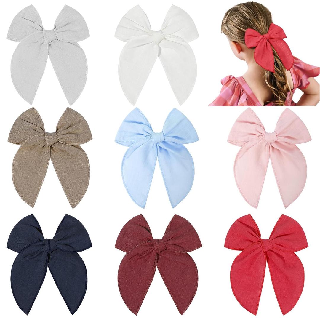 DEEKA 8 PCS Large Fall Hair Bows Cotton Linen Fable Hair Bow for Toddlers Girls Handmade Natural Fabric Hair Accessories for Little Girls Kids (Beige, Green, Gray, Red) (1 Count (Pack of 8))