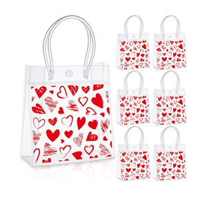 Sweetude 24 Pcs Valentine's Day Clear Gift Bags with Handles Galantines Party Favor Plastic Valentines Candy Treat Goodie Bags for Holiday Winter Wedding Birthday Party Supplies(Heart Filled)