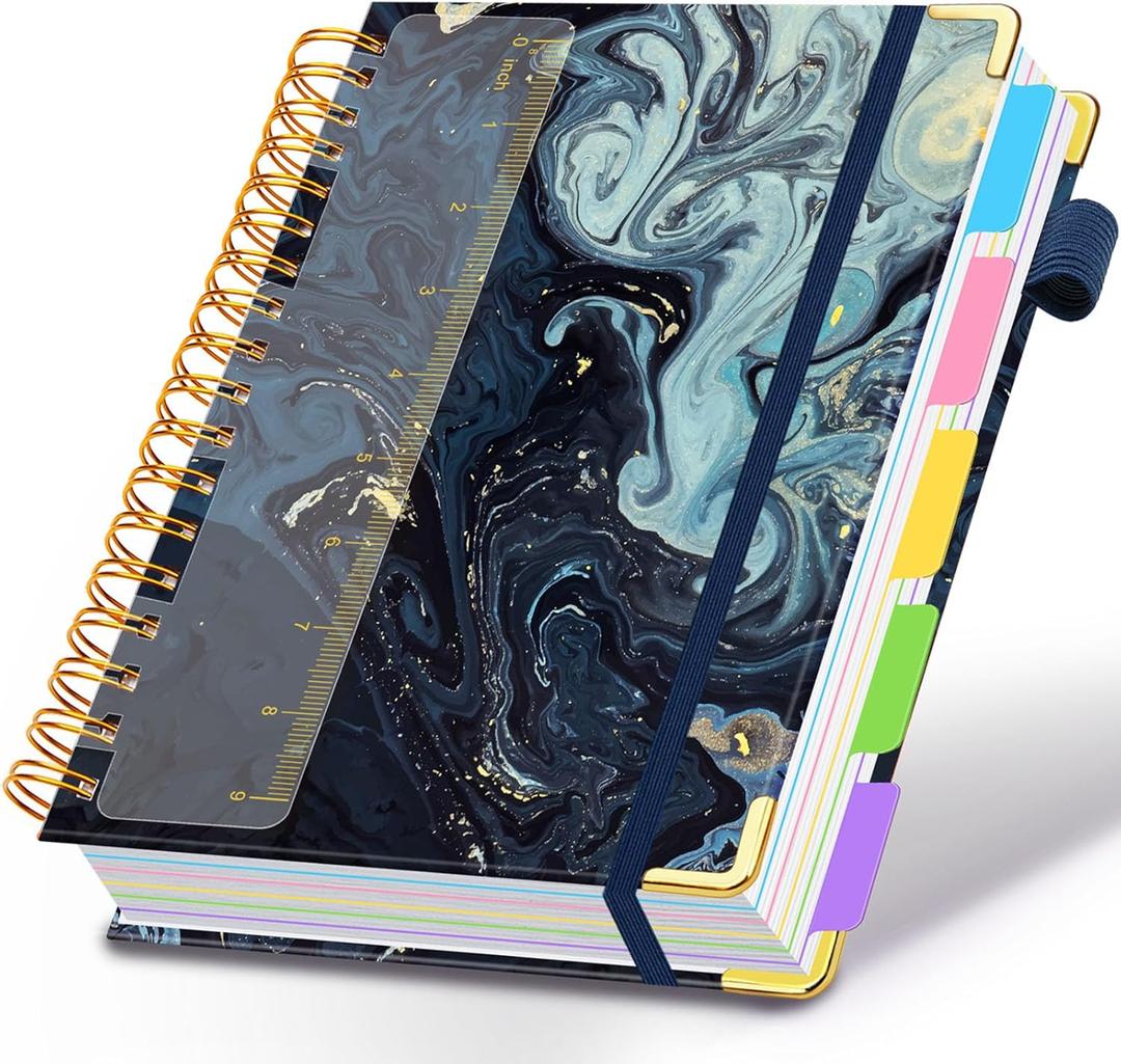 Spiral Journal Notebook for Work, 300 Pages 5 Subject Notebook College Ruled with Dividers & Tabs, 8''x 10'' Large Cute Notebooks Journal for Women Students Note-Taking and Organizer (Navy Marble)