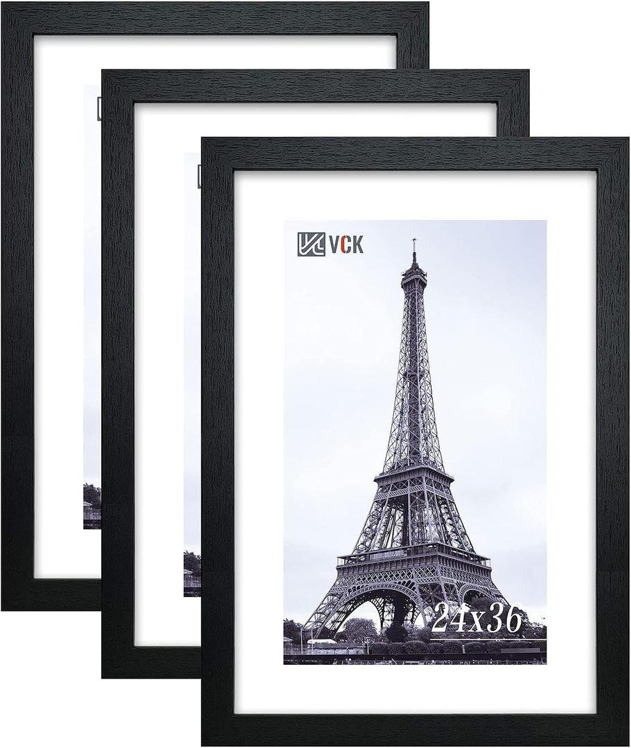 VCK 24x36 Poster Frame Solid Wood Black 3 Pack Picture Frames 24 x 36 Inches with Wall Mounting Hanging