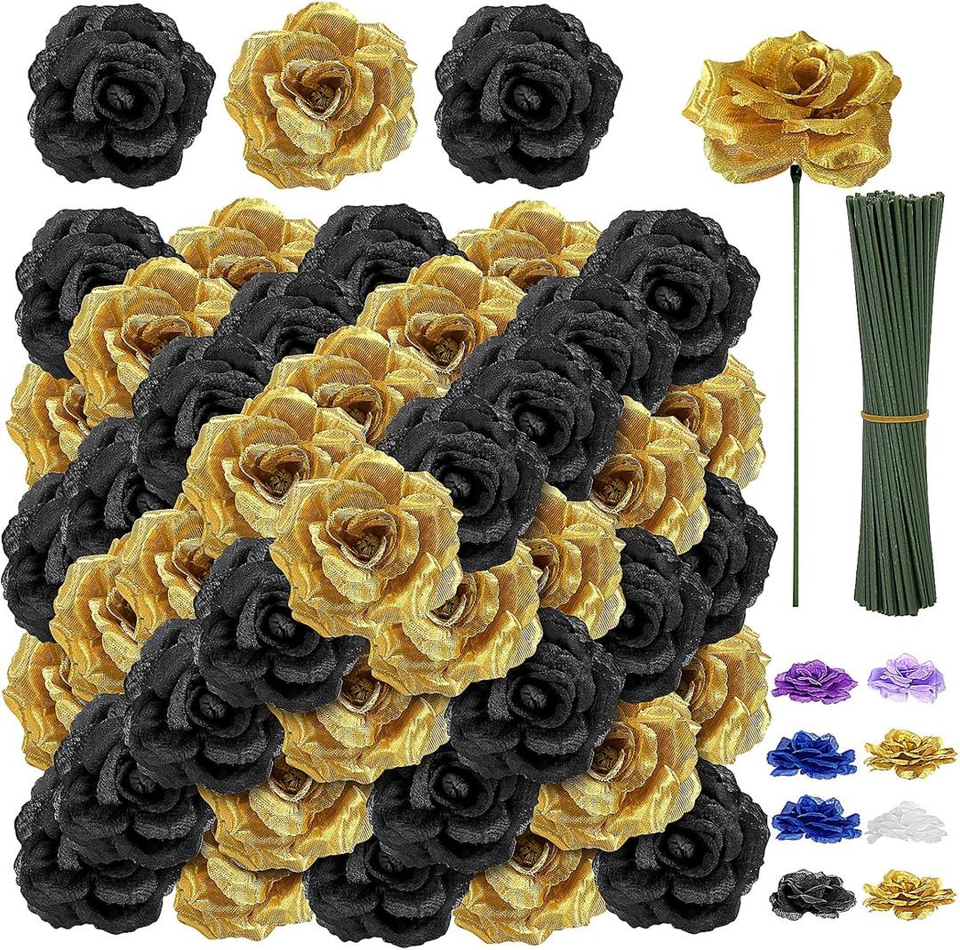 108pcs Roses Head Flowers with Stem - Black & Gold Graduation Artificial Flowers Rose Bulk - Silk Rose Fake Flower for Wedding Bouquet Decor DIY Baby Shower Centerpieces Grad Party Tables Decoration
