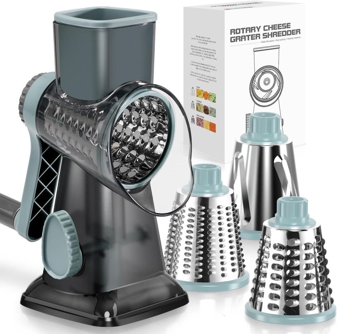 KEOUKE Rotary Cheese Grater Hand Crank Transparent - Shredder Slicer Grinder 3 Stainless Steel Blades, Stable Suction, Labor-Saving Handle, Safe Kitchen Tool for Cheese, Vegetable, Nuts, Chocolate (3 IN 1, Grey Blue SP)