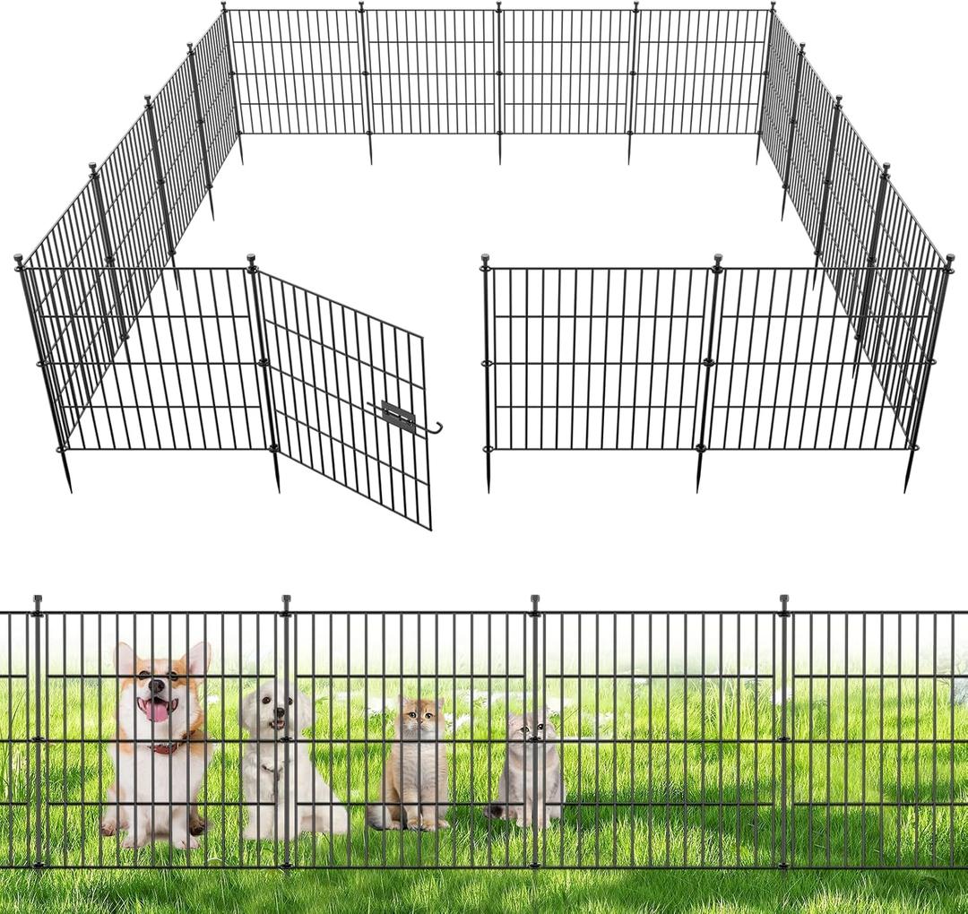10 Panels No Dig Decorative Outdoor Garden Fence with Gate for Yard, 24 in(H) X 20 ft(L) Animal Barrier Fencing Rustproof Metal Wire Panel Border for Dog, Rabbits, and Patio Temporary Ground Stakes