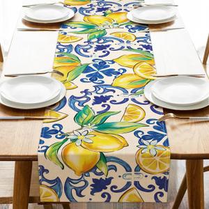 3 x Blue Lemon Italy Tile Pattern Dining Table Runner, Amalfi Coast Italian Capri Citrus Burlap Kitchen Decoration, Summer Mediterranean Indoor Outdoor Home Decor Party Supply 13 x 72 Inches