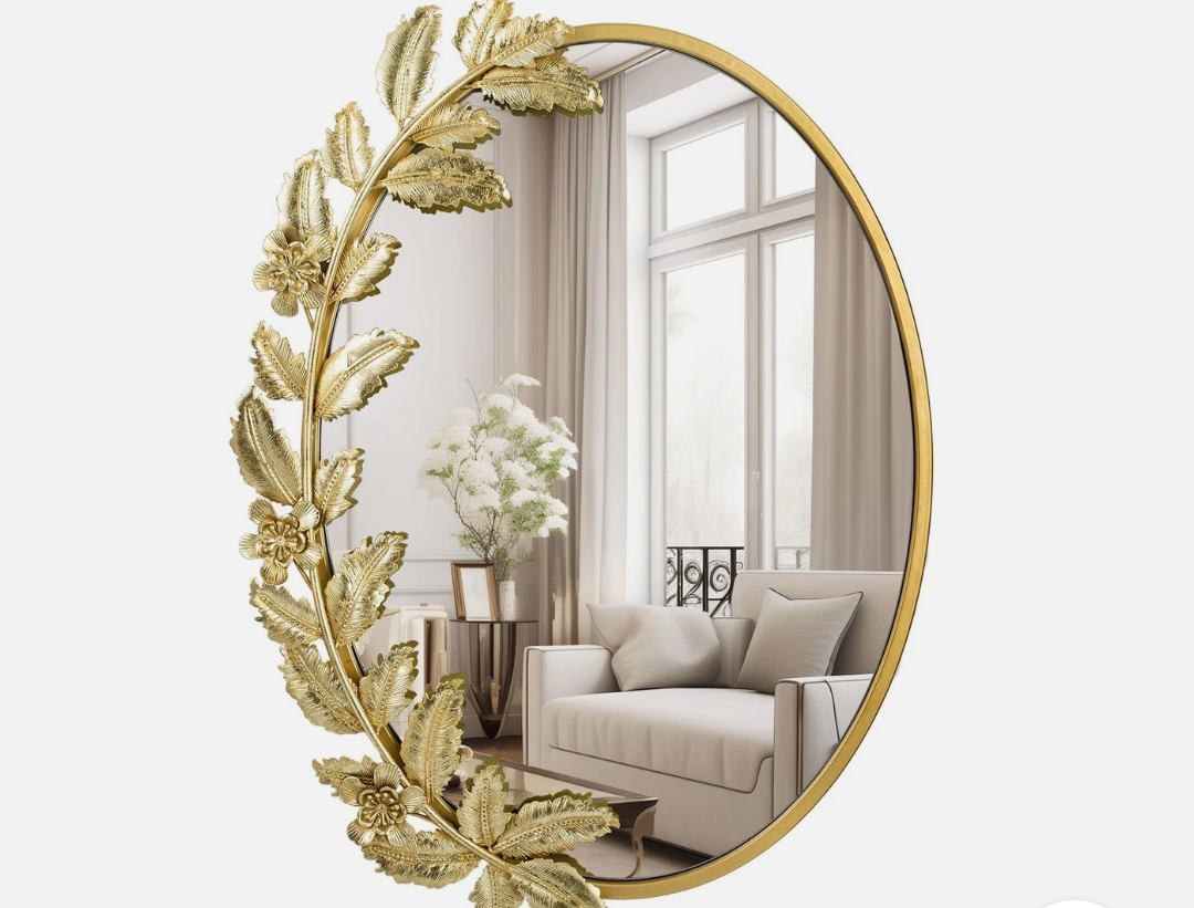 Fobule Gold Oval Decorative Mirror, 18x24 Inch Metal Frame Ornate Flower Leaves Modern Wall Mirror for Living Room, Bedroom, Entryway, Dresser, Bathroom