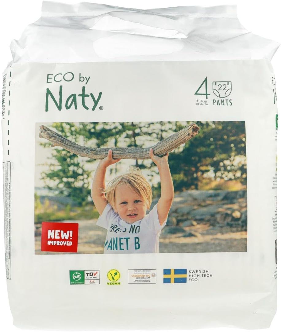 Eco by Naty Premium Nappy Pants Size 4, 8-15 Kg, Hypoallergenic and Chemical-Free Pull Ups, Highly Absorbent and Friendly Training Nappies for Boys and Girls 22 Count