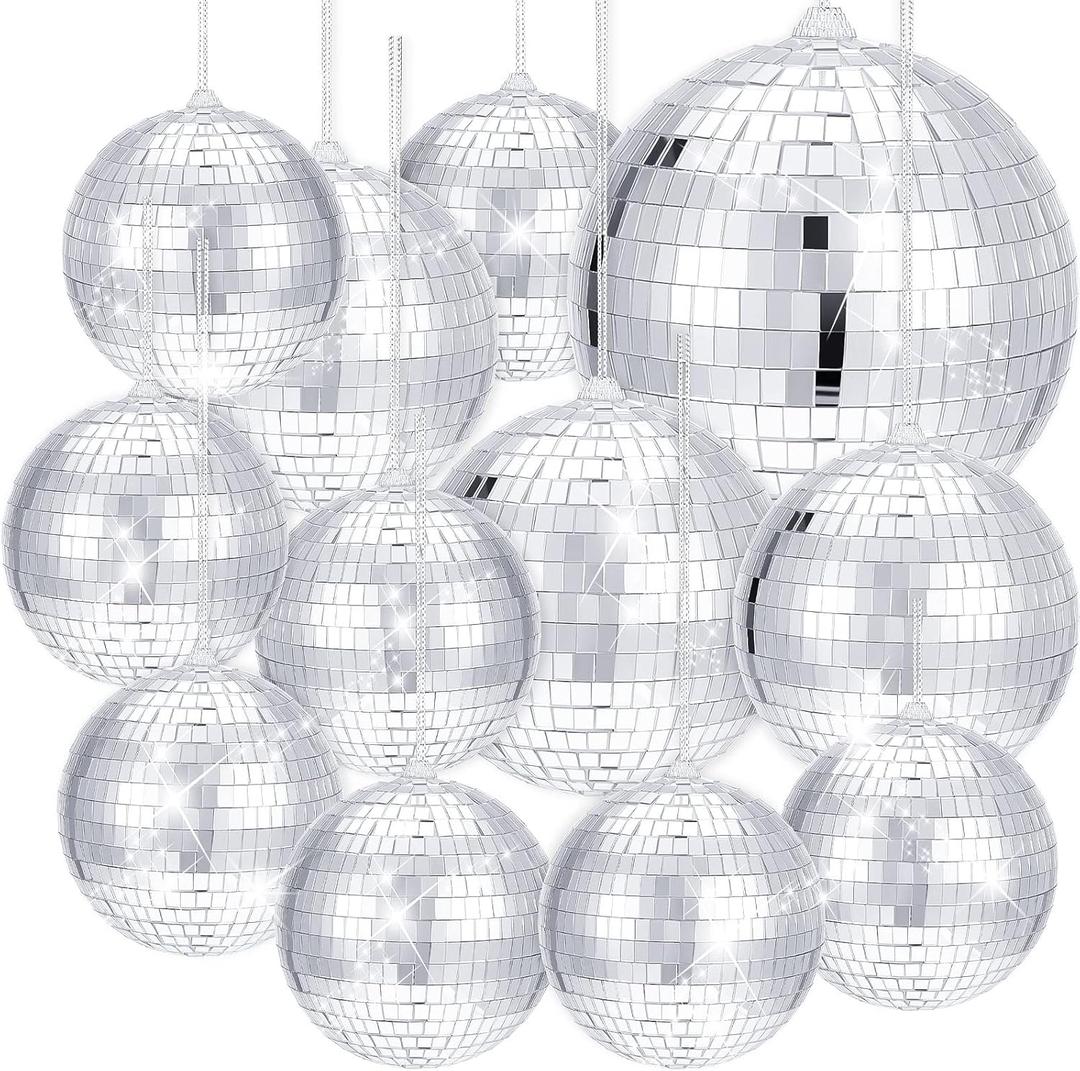 WILLBOND 12 Pack Disco Ball Mirror Ball with Hanging Ring for Fun Retro Disco Party Decorations Party Dj Lighting Effect Stage Props Game Accessories, 5.91", 3.94", 3.15", 2.36"(Silver)