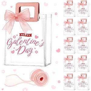 Gueevin 12 Pcs Galentine's Day Gift Bags Pink Plastic Galentines Clear Gift Bags with Handle and Sheer Ribbon 7 x 4 x 8 Inch Reusable Transparent PVC Totes for Her Valentines Birthday Party Supplies