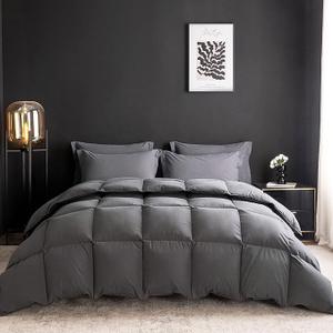 Queen Size Goose Down Comforter, Hotel Style Bedding Comforter, 750+ Fill Power, 1200 Thread Count, 100% Organic Cotton Fabric, Grey Duvet Insert for All Seasons
