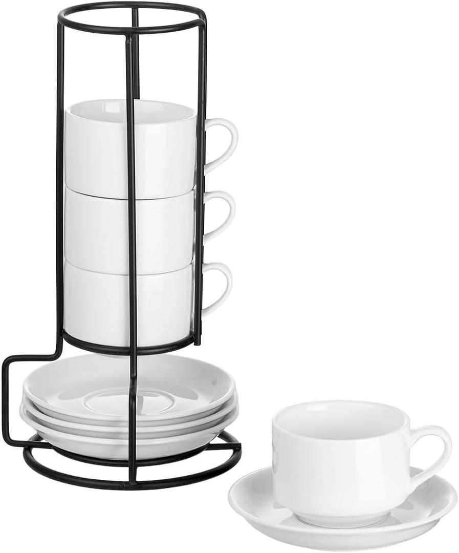 YOLIFE 2.5oz Espresso Cups Set of 4, Porcelain Stackable Espresso Cups with Saucers and Metal Stand, Expresso Shots Cup -White