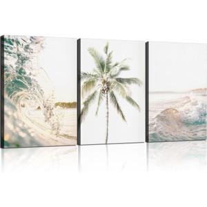3pcs Framed Beach Ocean Waves and Palm Trees Coastal Seascape Wall Art Decor Canvas Print Picture Poster Gallery Bedroom Living Room Studio 12x16 inches Ready to Hang