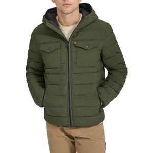 Levi's mens Water Resistant Performance Stretch Hooded Puffer Jacket (Large, Olive)