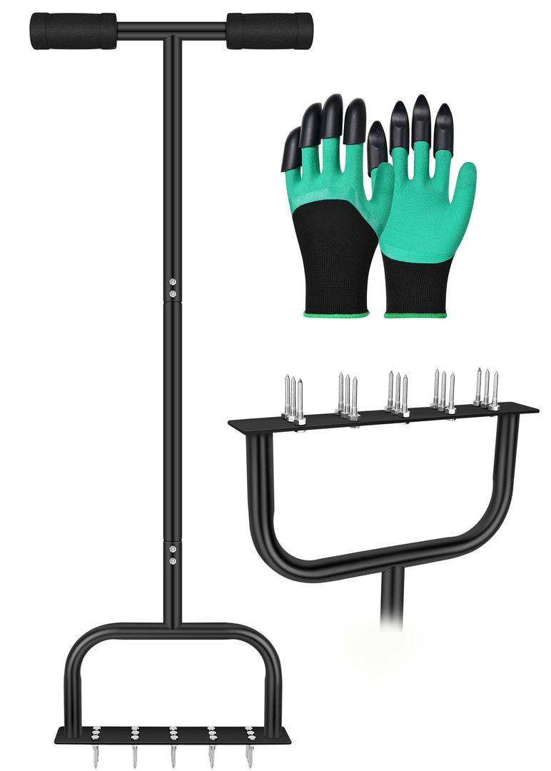 Manual lawn aerator tool, 35 inches, 15 spikes 2.8 inches long Mla231 Black