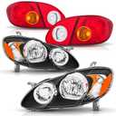 Headlights and Tail Lights Assembly Combo for 2003-2008 Toyota Corolla Head/OE Factory Style Red Outer and Inner Taillights Rear Brake Lamps Replacement,Black Housing Amber Reflector with Chrome Trim